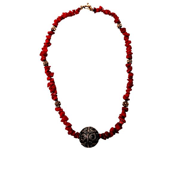 Vntg Red CORAL Necklace 17" STERLING SILVER Beads Asian Art Deco Modern Preppy - Picture 11 of 16